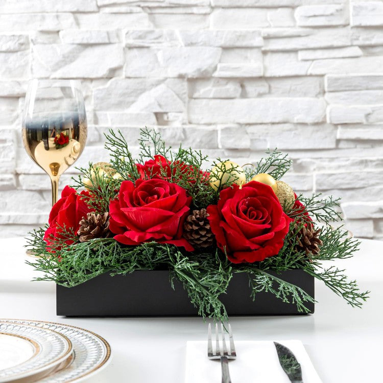 Tabletop Centerpiece Christmas Decoration, Artificial Red Rose Flowers –  MyGift